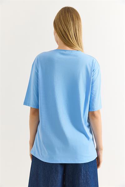 Oversize Bisiklet Yaka Basic Tshirt Mavi