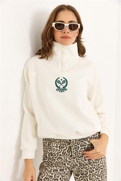 Kadın Dik Yaka Fermuarlı Roket Baskılı Sweatshirt Beyaz