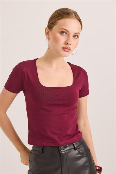 Kare Yaka Esnek Pamuk Örme Bluz Bordo