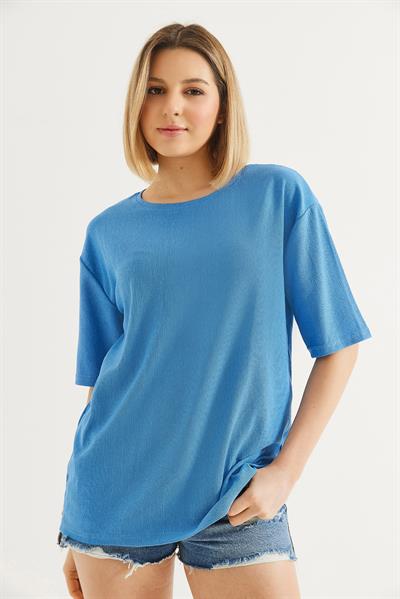 Bisiklet Yaka  Kısa Kol Basic Tshirt Mavi