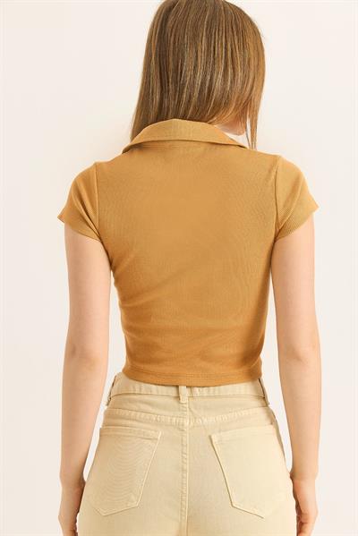 Polo Yaka Basıc Kısa Kollu Örme Kaşkorse Crop Bluz Taba