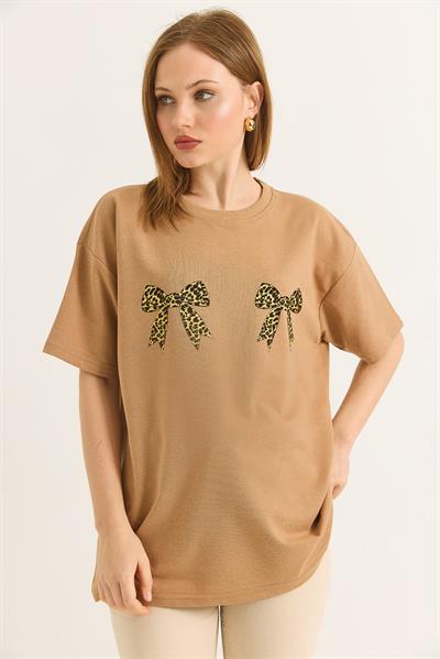 Kurdele Baskı Detaylı Basic TShirt  Vizon