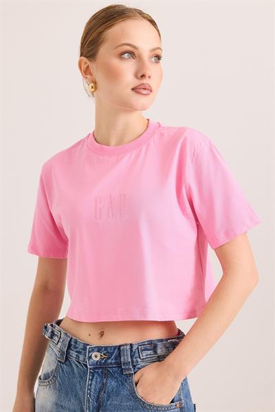 Nakışlı Örme Pamuk Crop Tshirt Pembe