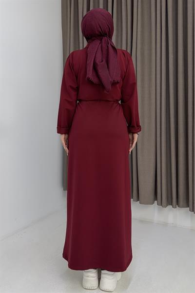 Kadın Beli Bağlamalı Düz Basic Elbise Bordo