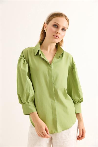 Balon Kol Bol Kesin Kadın Gömlek Yeşil