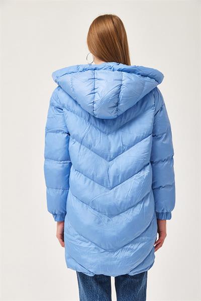 Kapüşonlu Oversize Şişme Mont Mavi