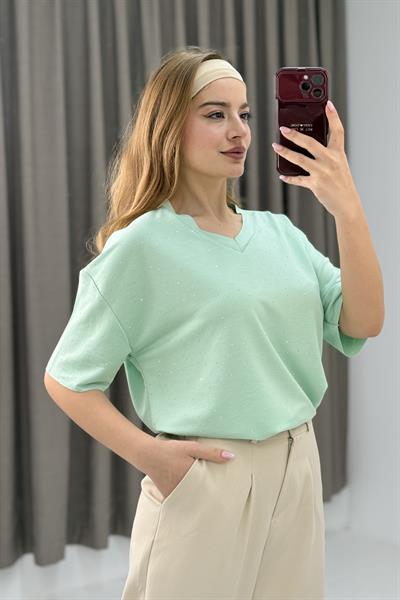 V Yaka Taşlı Yarım Kol T-shirt Su Yeşili