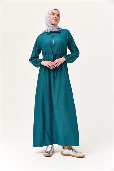 Gömlek Yaka Bel Tünelli Bürümcük Elbise Yeşil