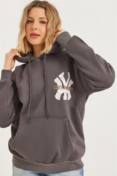 Üç İplik Baskılı Kapüşonlu Sweatshirt Füme