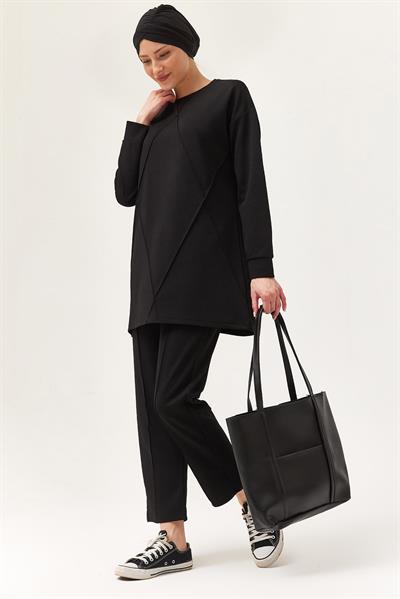 Kadın Çapraz Çizgili İkili Takım Siyah