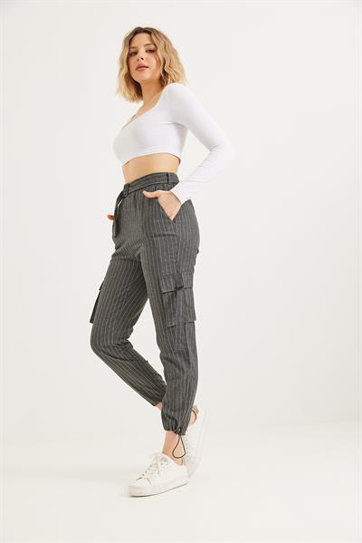  Yanları Cepli  Paça Lastikli Keten Pantolon Füme