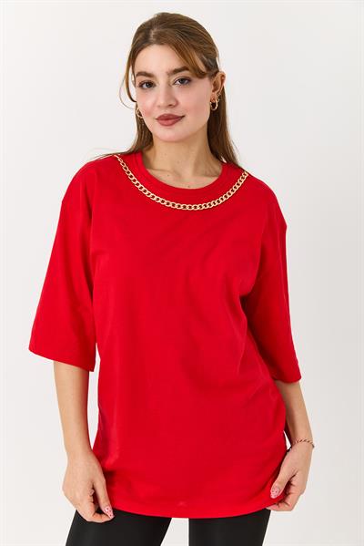 Kadın Yakası Gold Zincirli Bisiklet Yaka Tshirt Kırmızı
