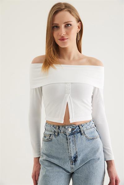 Kayık Yaka Yırtmaçlı Bluz Beyaz