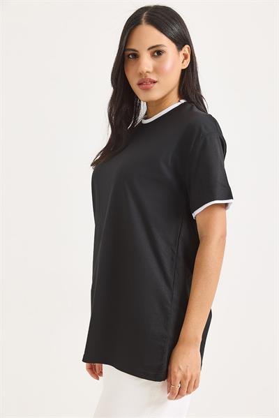 Bisiklet Yaka Kolları Garnili Kadın T-shirt Siyah