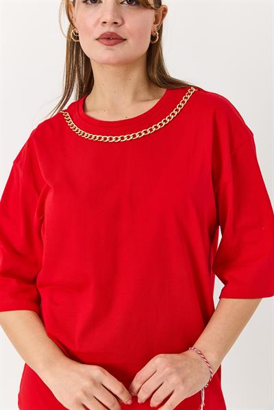 Kadın Yakası Gold Zincirli Bisiklet Yaka Tshirt Kırmızı