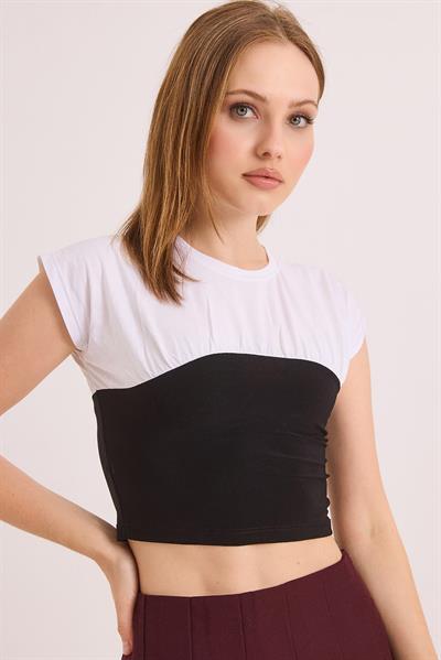 Siyah Beyaz Renk Bloklu Örme Bluz