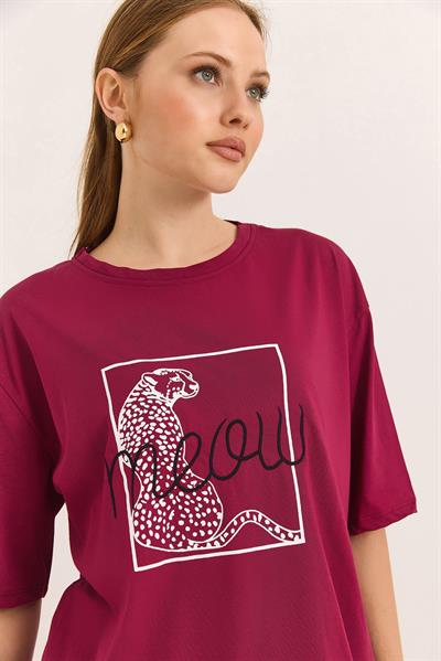 Baskı Nakış Detaylı Pamuk Süprem Rahat Kalıp  Bordo Tshirt
