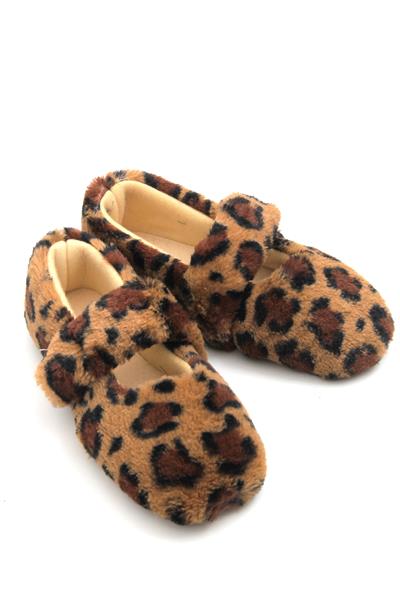 Kadın Tek Bant Peluş Kışlık Leopar Ev Ayakkabısı