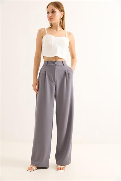 Yüksel Bel Geniş Paça Palazzo Pantolon Füme