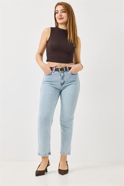 Kadın Mom Kemerli Kot Pantolon Açık Mavi