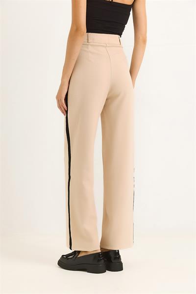 Yanları Şeritlik Bol Paça Kadın Pantolon Krem