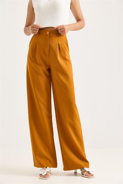 Yüksek Bel Bol Paça Pantalon Hardal