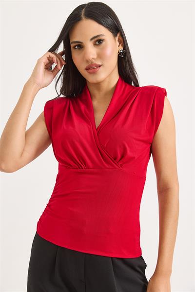 Kruvaze Yaka Vatkalı Sıfır Kol Bluz Kırmızı