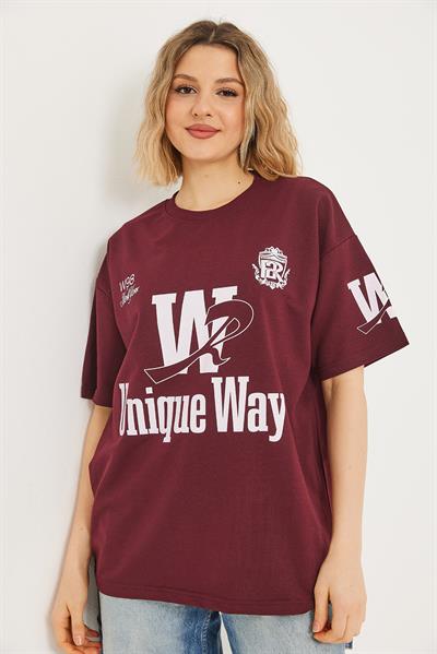 Bisiklet Yaka Baskılı Tshirt Bordo