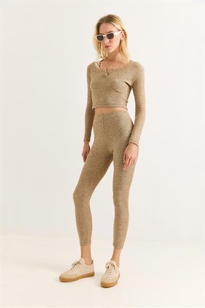 Kadın Esnek Tayt Crop Takım Vizon