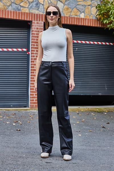 Kadın Bol Paça Tam Kalıp Deri Pantalon 