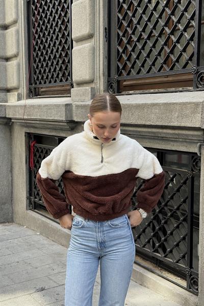 Yarım Fermuar Dik Yaka Welsoft Sweat Krem 