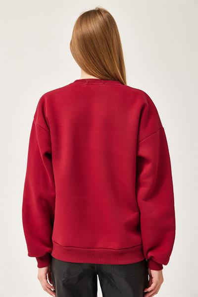Leopar Baskılı Üç İplik Şardonlu Sweatshirt Bordo