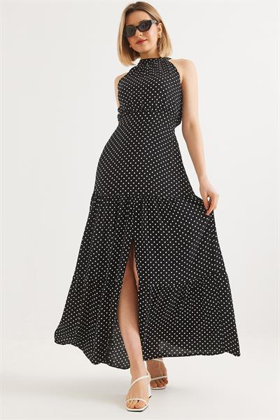 Yırtmaçlı  Beli Bağlamalı  Benek Desen Elbise  Siyah