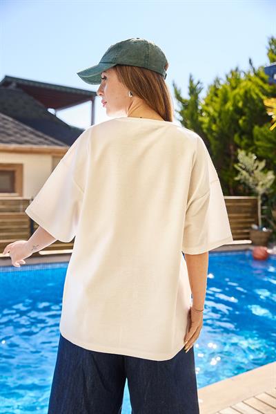 Bisiklet Yaka Baskılı Oversize Tshirt Krem