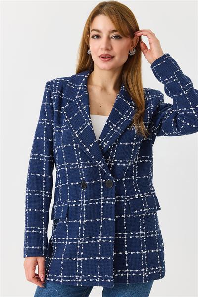 Kadın Ekoseli Blazer Ceket Lacivert