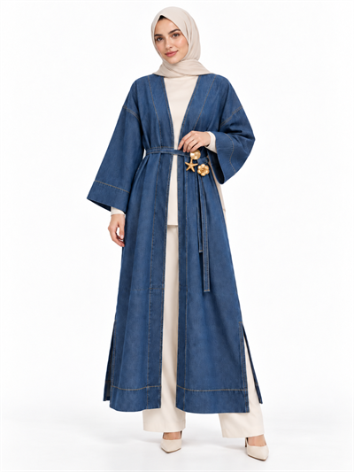 Kadın Yanları Yırtmaçlı Önden Bağlama Ve Charm Detaylı Jean Kap/Abaya Mavi