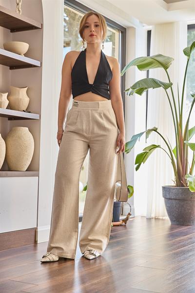 Çırt Kapamalı Bol Paça Keten Pantolon Bej
