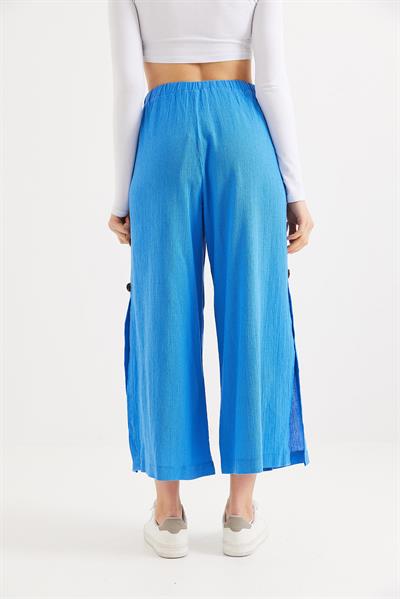 Yanları  Düğmeli  Bol Kesim Keten Pantolon  Mavi