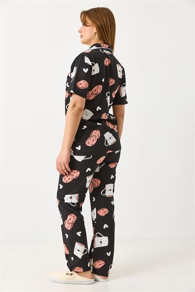 Kadın Kısa Kollu Düğmeli Pijama Takımı Siyah