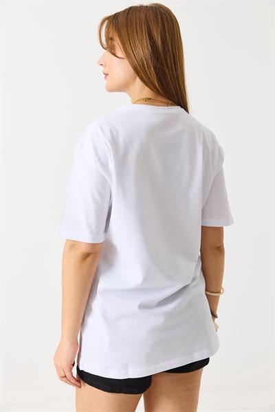 Kadın Bisiklet Yaka Kısa Kol Basic Tshirt Beyaz