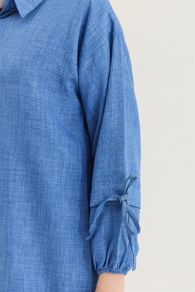 Kol Büzgülü Gömlek Pantolon İkili Takım Mavi