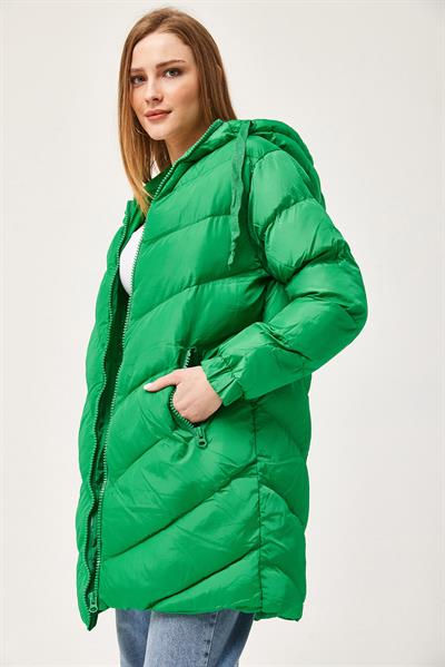 Kapüşonlu Oversize Şişme Mont Yeşil