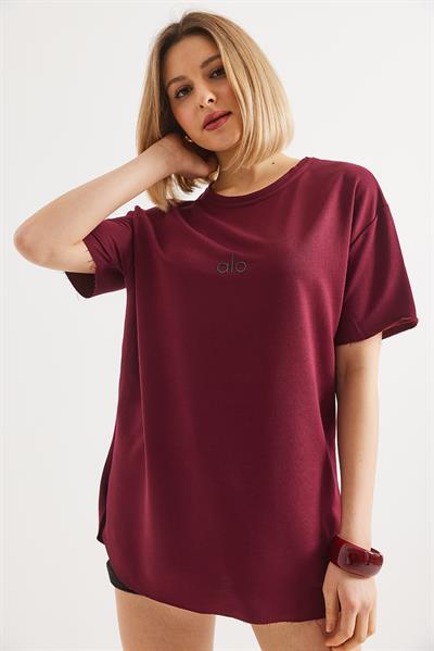 Eteği Oval Kesim Bisiklet Yaka Tshirt Bordo