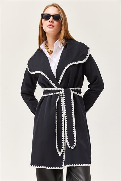 Çoban Dikişli Kuşaklı Hırka Siyah