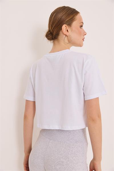 Karikatür Kuş Kabartma Baskılı Örme Crop Tshirt Beyaz