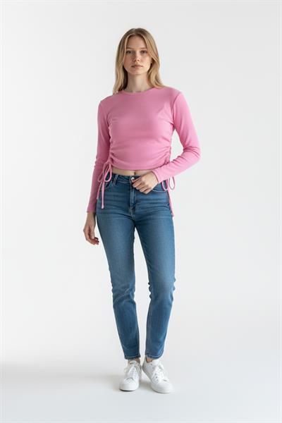 Kadın Yanlardan İp Büzgülü Crop Fitilli Bluz Pembe