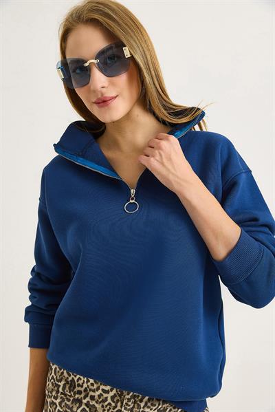 Kadın Yaka Fermuarlı 2 İplik Sweatshirt Lacivert