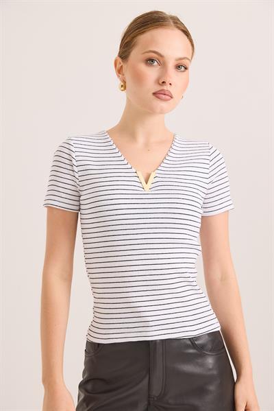 Yaka Detaylı Kaşkorse Çizgili Örme Bluz Beyaz