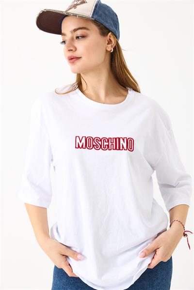 Kadın Kırmızı Yazı Baskılı Bisiklet Yaka Tshirt Beyaz