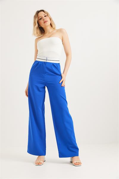 Beli Şeritli Bol Paça Pantolon Saks